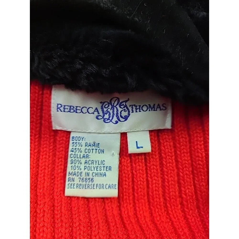 VTG Rebecca Thomas Red Black Faux Fur Collar Zip Front Zebra Print Rib Knit Vest - Picture 6 of 11